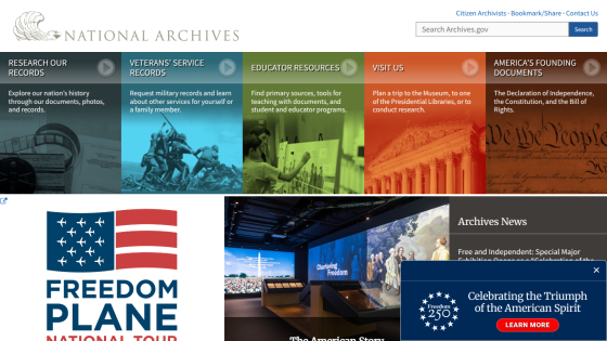 National Archives homepage featuring navigation and Freedom Plane exhibit announcement.