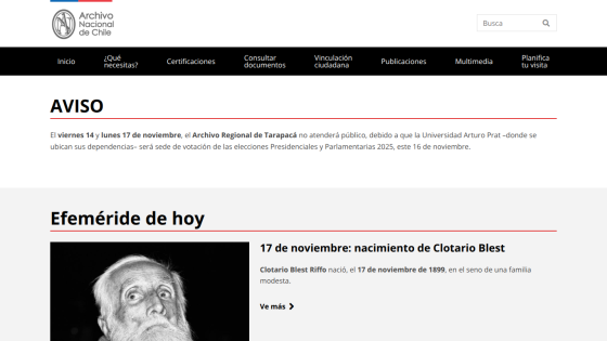 Archivo Nacional de Chile website showing a notice about Archivo Regional de Tarapacá closure and today's historical event about Clotario Blest's birth