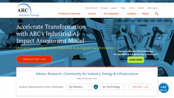 ARC Advisory Group homepage with Industrial AI Impact Assessment Model and options to explore by industry or technology