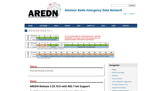 Amateur Radio Emergency Data Network homepage with navigation menu, frequency channel tables, alerts, and news about AREDN Release 3.25.10.0