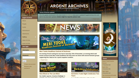 Argent Archives RP portal homepage with news updates, login form, and upcoming events