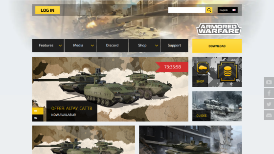 Armored Warfare game homepage with login, navigation menu, download button, and featured tank offer
