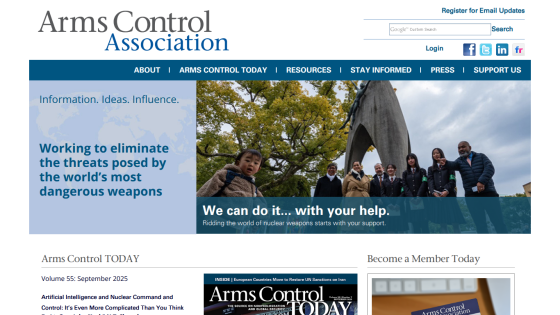 Homepage of Arms Control Association highlighting mission and membership options.