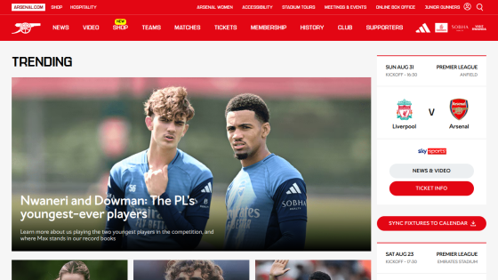 Trending section featuring players Nwaneri and Dowman with article headline about youngest-ever players.