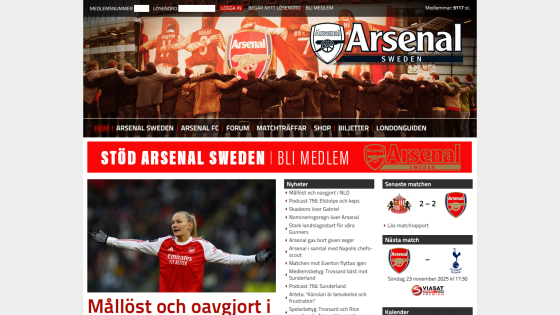 Arsenal Sweden fan club homepage with login, navigation, news, recent and upcoming match info, and a female Arsenal player image