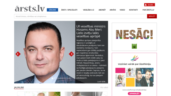 Homepage of ārsts.lv featuring health minister Hosams Abu Meri and news on healthcare choices