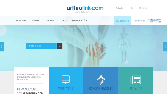 Homepage of Arthrolink with navigation links and a visual related to physical therapy.