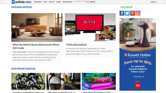 ArticleCube homepage featuring guides on acacia wood and Hulu alternatives, with recent articles on cameras, power washing, and LED growing.