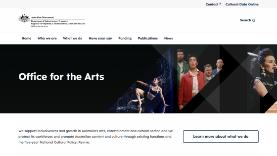 Australian Government Office for the Arts homepage promoting inclusiveness and growth in arts and culture