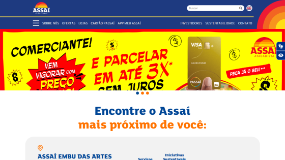 Homepage of Assai with promotional banner and location search feature.