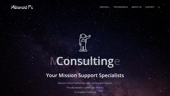 Asteroid PC website with navigation menu and hero section titled Maintenance, highlighting mission support specialists and company location