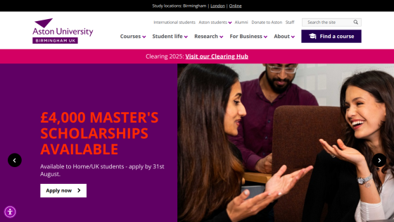 Aston University offers £4,000 master's scholarships for HomeUK students, with an application deadline.