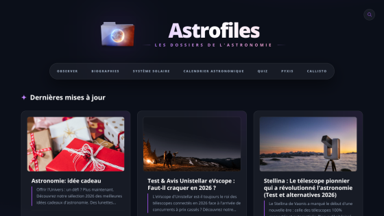 Homepage of Astrofiles featuring latest astronomy updates and articles.