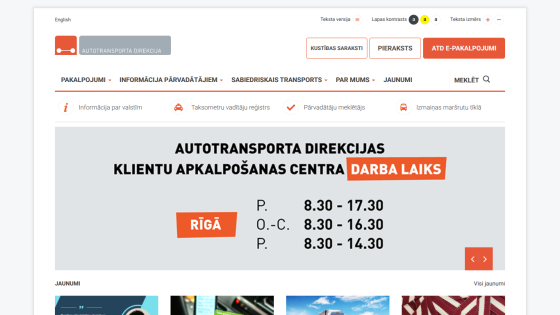 Autotransporta Direkcijas client service center working hours in Riga with navigation menu and service links