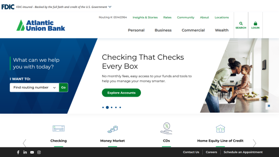 Atlantic Union Bank homepage with referral offer, navigation menu, and search bar visible