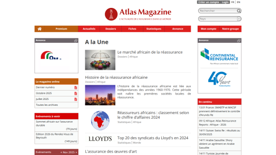 Atlas Magazine homepage featuring insurance news and articles focused on African reinsurance market and statistics.