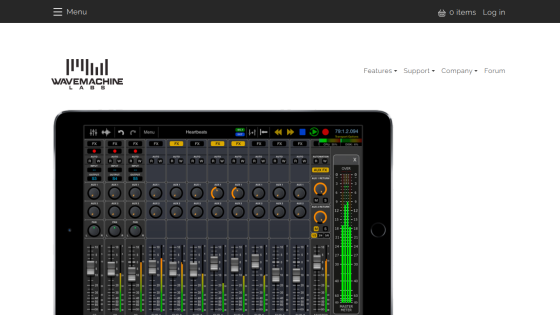Wavemachine Labs website with navigation menu and hero image showing an audio mixer interface on a tablet