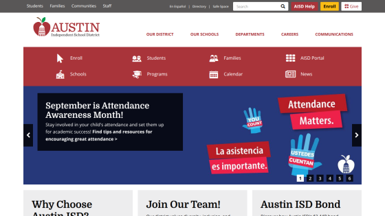 Austin ISD homepage promoting Attendance Awareness Month with key messages in English and Spanish.