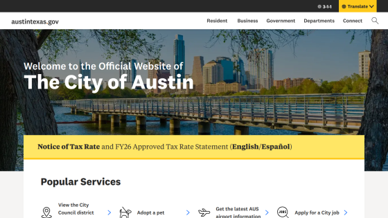 Official website of the City of Austin featuring services and tax rate notice.
