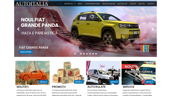 Homepage of AutoItalia featuring the new Fiat Grande Panda and promotional sections.