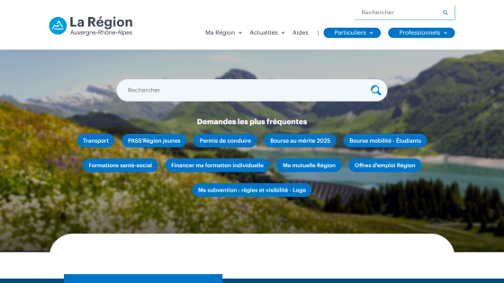 Website header with search bar and navigation links for regional services.