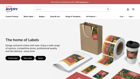 Homepage of Avery showcasing label design and printing services with product images and navigation menu