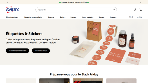 Avery website homepage offering custom and blank labels and stickers with product images and Black Friday preparation banner