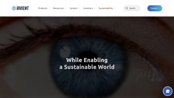Avient website with navigation menu and hero text 'While Enabling a Sustainable World' over a close-up eye image