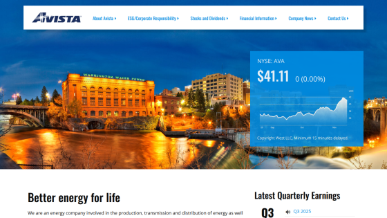 Avista energy company homepage with navigation, stock price $41.11, and tagline Better energy for life