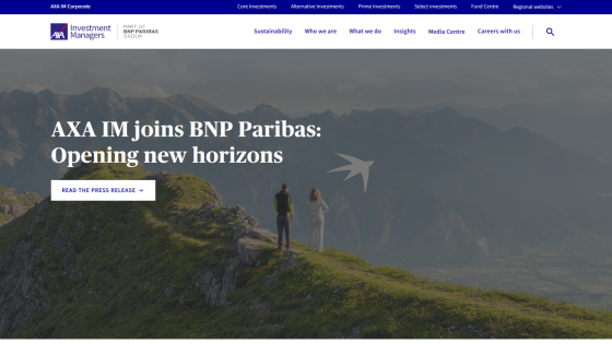 AXA IM joins BNP Paribas with headline and call-to-action button over mountain landscape