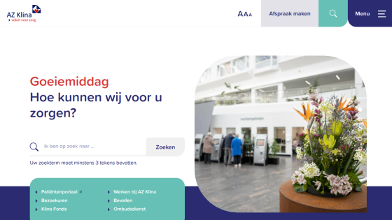 Healthcare website homepage with greeting, search bar, navigation links, and flower arrangement in hospital lobby