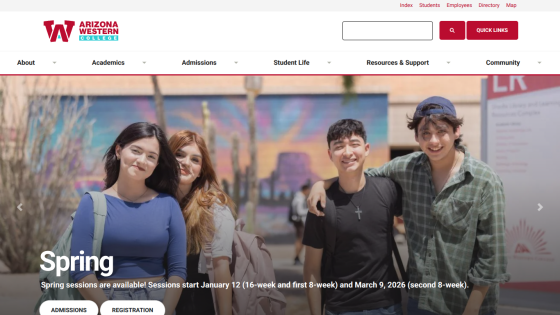 Arizona Western College homepage with navigation and spring semester registration announcement featuring four smiling students