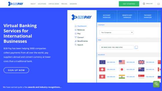 Virtual banking services for international businesses with a dashboard overview and sign-up option.