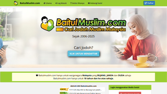 BaitulMuslim.com homepage for Muslim matchmaking in Malaysia with login and registration options