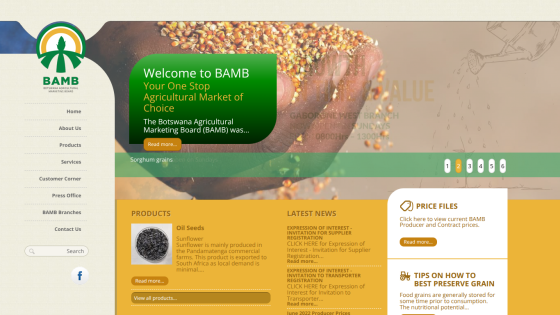 Homepage of BAMb showcasing agricultural products and services with a welcoming message.