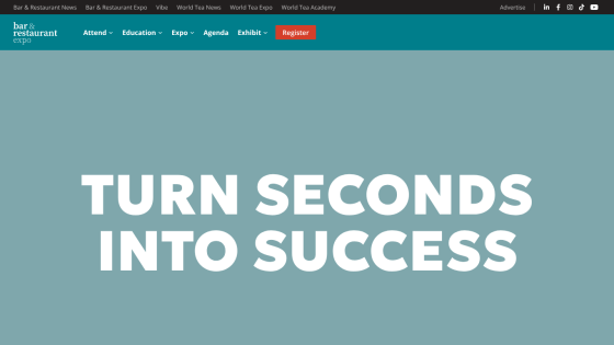 Bar & Restaurant Expo website with navigation menu and headline 'Turn Seconds Into Success'