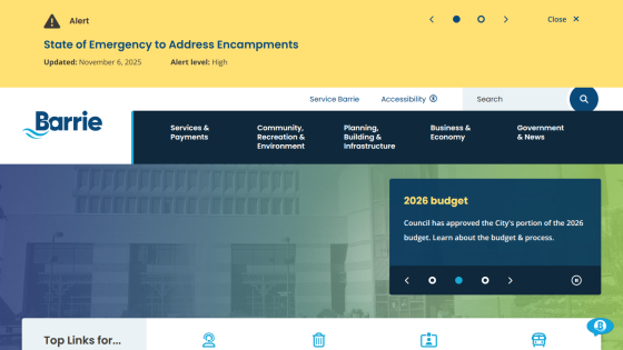 City of Barrie website with alert on emergency encampments and 2026 budget information