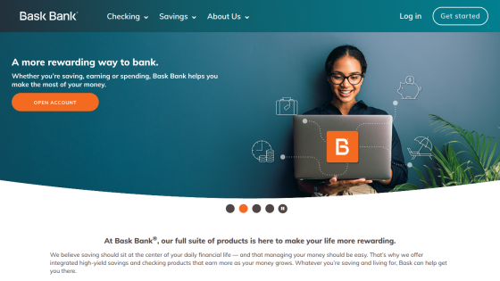 Bask Bank homepage featuring guaranteed returns with a Certificate of Deposit and navigation options for Checking, Savings, and About Us.