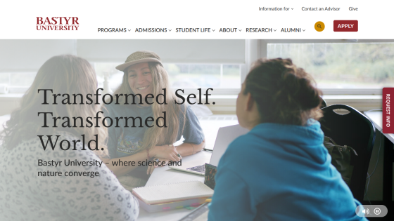 Bastyr University homepage featuring the tagline 'Transformed Self. Transformed World.'
