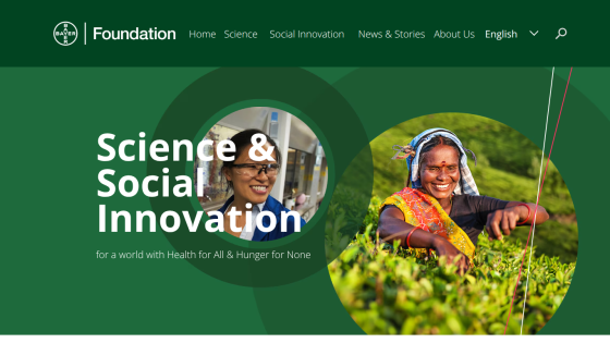 Bayer Foundation homepage highlighting Science & Social Innovation for health and hunger solutions with images of smiling people.