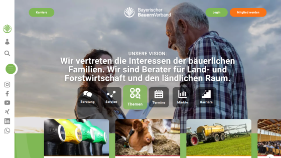 Bayerischer BauernVerband website showing vision statement and navigation options with agricultural images
