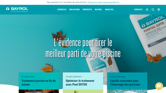 Bayrol pool care homepage with seasonal treatment advice and product highlights in French