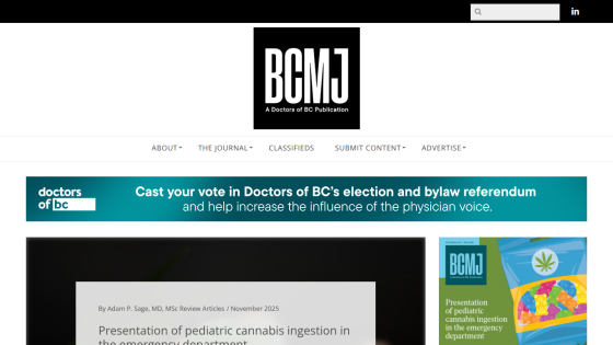 Doctors of BC journal homepage with election voting banner and featured article on pediatric cannabis ingestion