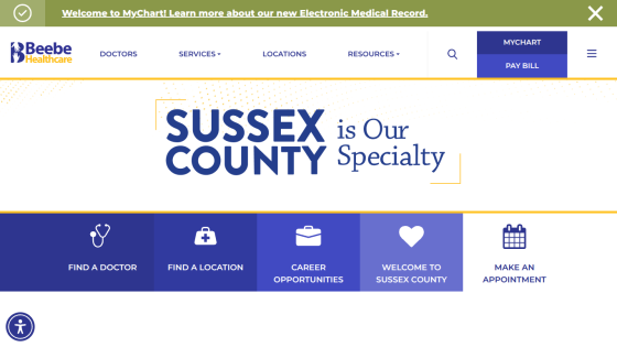 Beebe Healthcare homepage with navigation menu and Sussex County specialty highlight