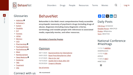BehaveNet homepage with navigation links, glossary topics, daily posts, and conference hashtags about psychiatric drugs and disorders