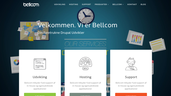 Bellcom website header with navigation and hero section offering Drupal development, hosting, and support services.