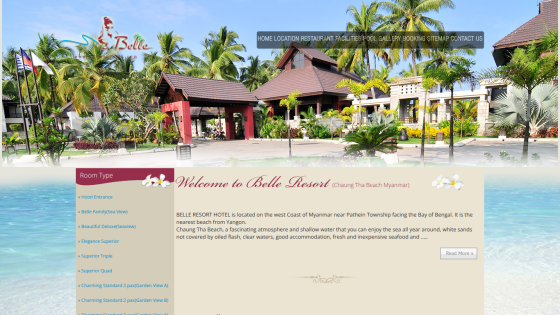 Welcome message and overview of Bella Resort with tropical scenery and amenities listed.