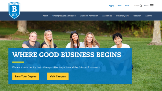 Homepage featuring students with a banner stating 'Where Good Business Begins' and buttons for degree and campus visits.