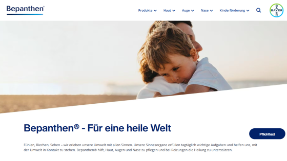 Bepanthen website with a child hugging an adult and text about caring for skin, eyes, and nose