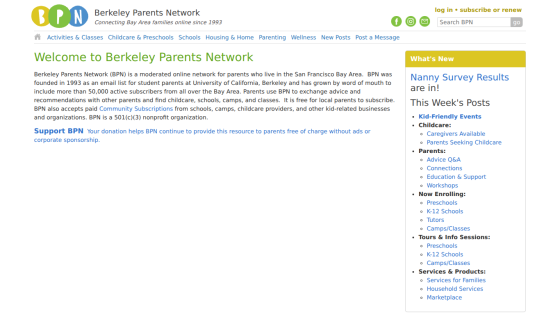 Berkeley Parents Network homepage with navigation links and welcome message about the moderated online network for Bay Area parents